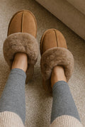 Shearling Open-Back Slippers in Camel Suede — detail