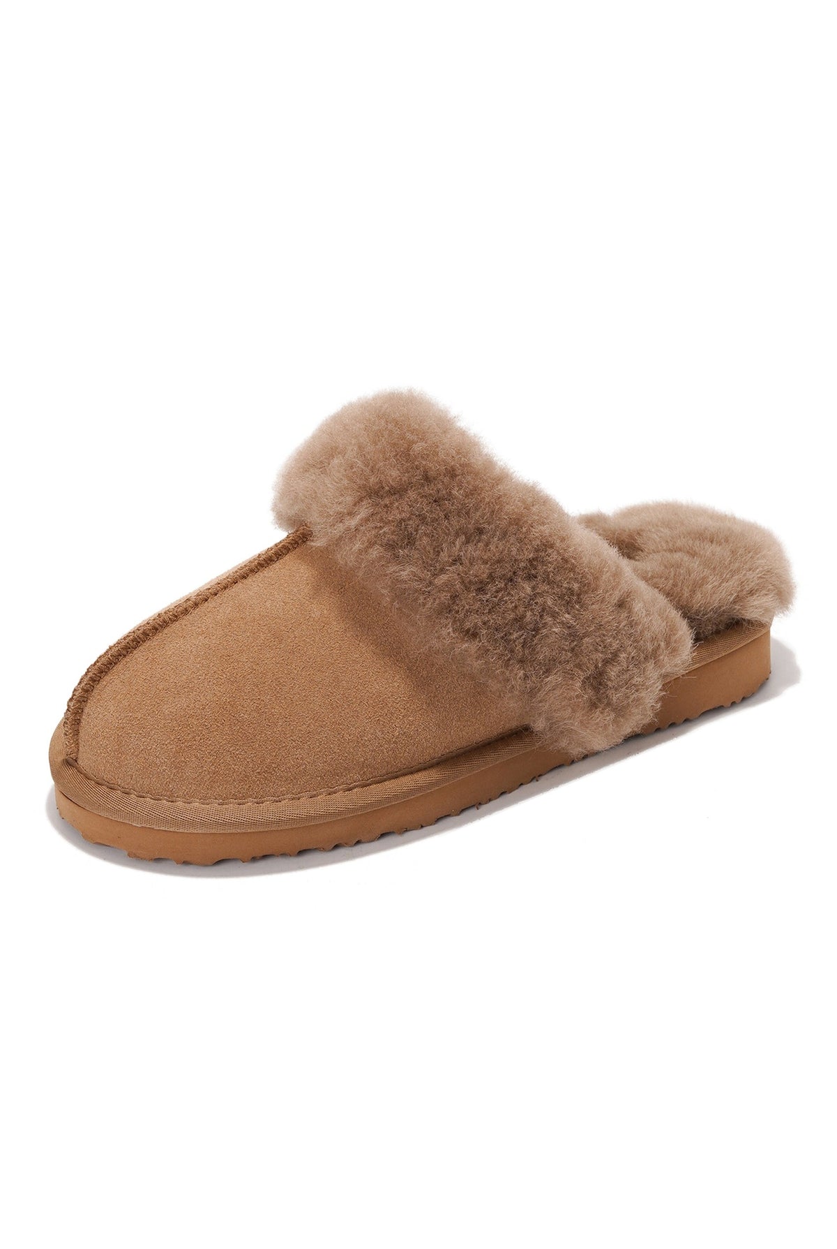 Shearling Open-Back Slippers in Camel Suede — front view