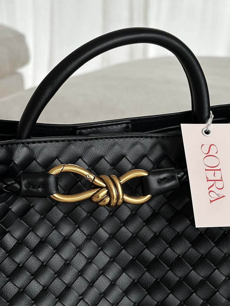 Women's Braided Structured Medium Tote Handbag with Top Handles - Braided handbag - Photo 8