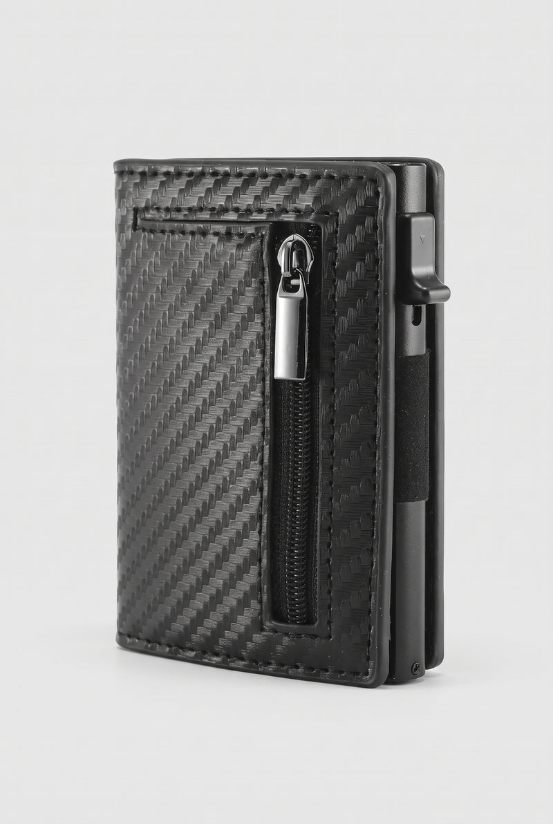 RFID Leather Wallet in Carbon Fiber — studio front