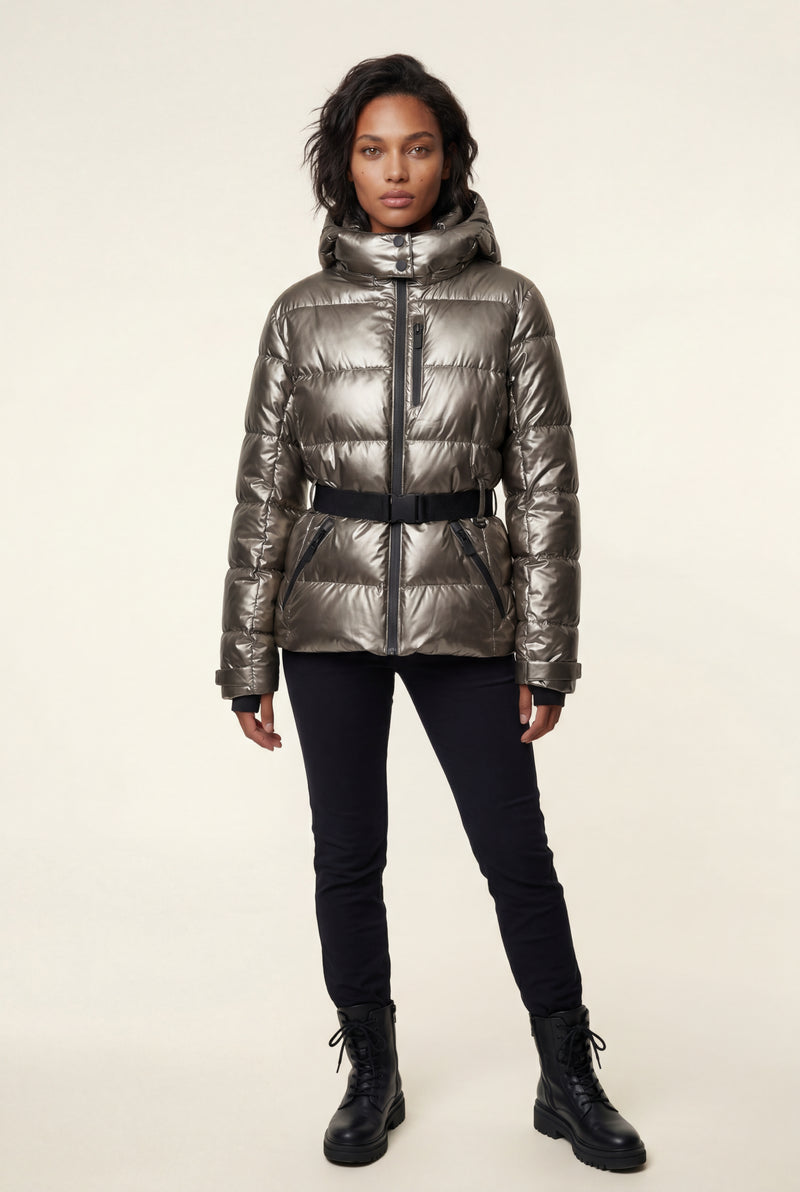 Champagne Belted Padded Hooded Jacket with Fitted Waist - Padded jackets - Photo 4