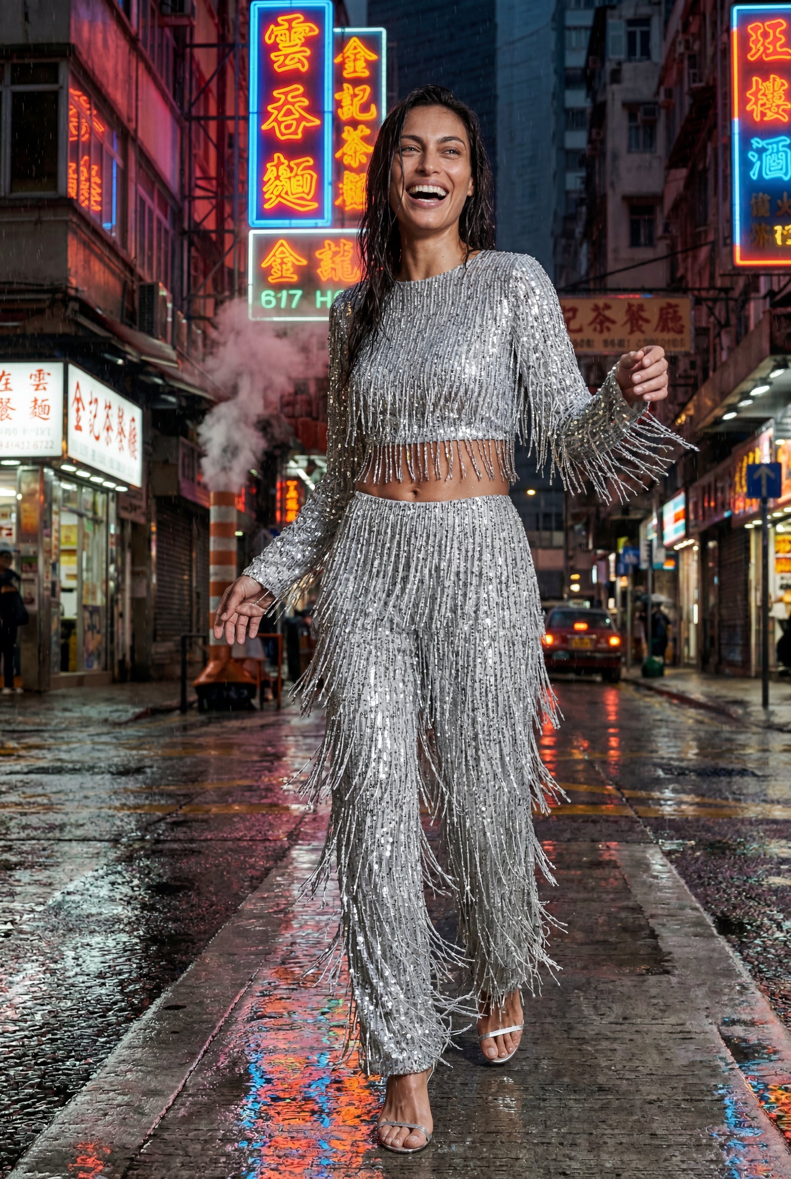 Silver Fringe Crop Top and Wide-leg Pants Set - Fringe two piece set - Photo 8