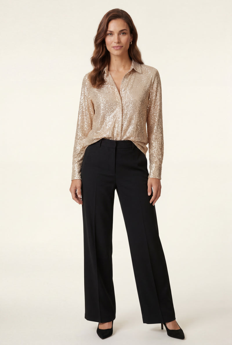 Champagne Relaxed Button-up Blouse with Classic Collar - Sequin blouses - Photo 4