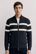 Cable Knit Zip-Front Cardigan in Charcoal — studio front