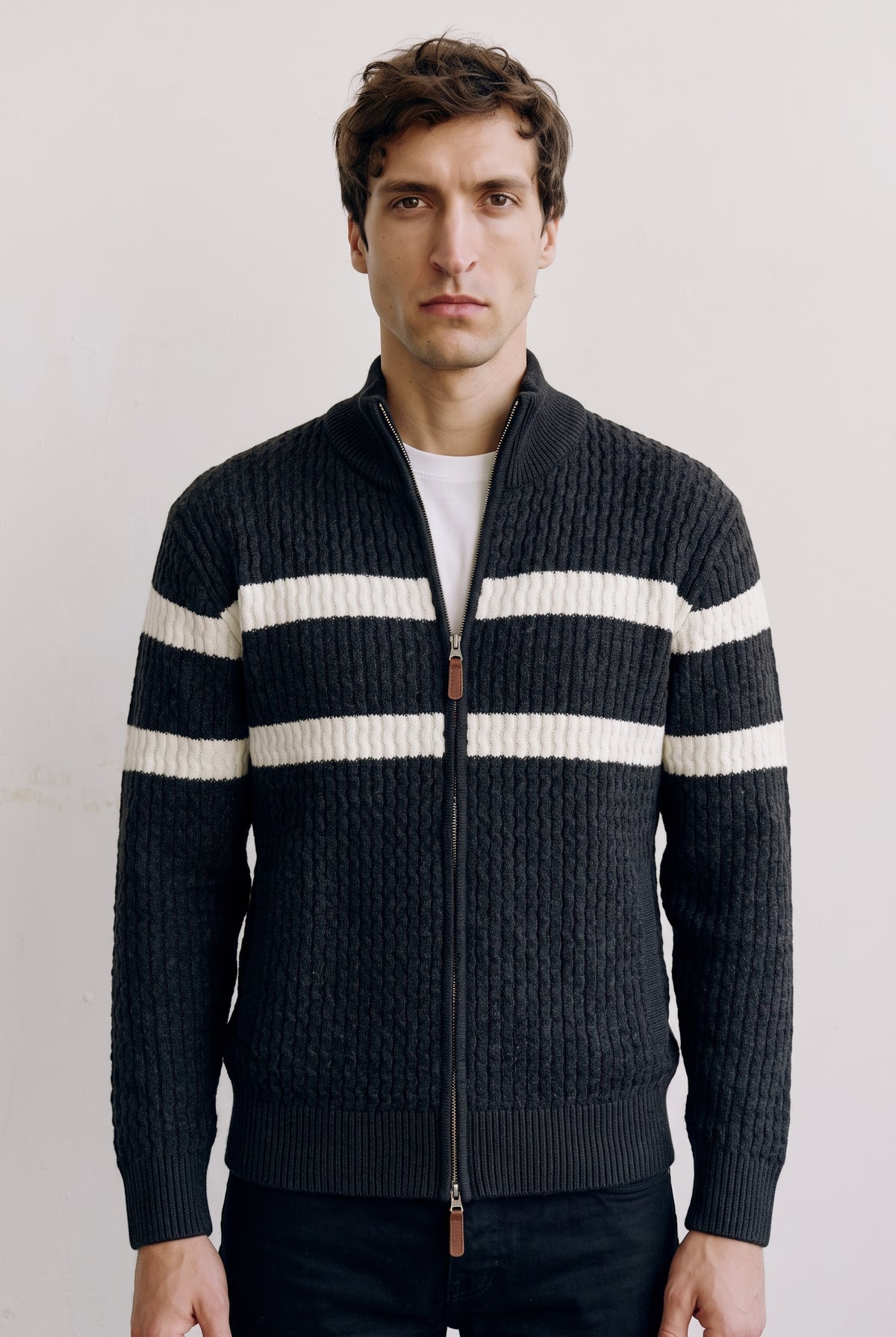 Cable Knit Zip-Front Cardigan in Charcoal — studio front