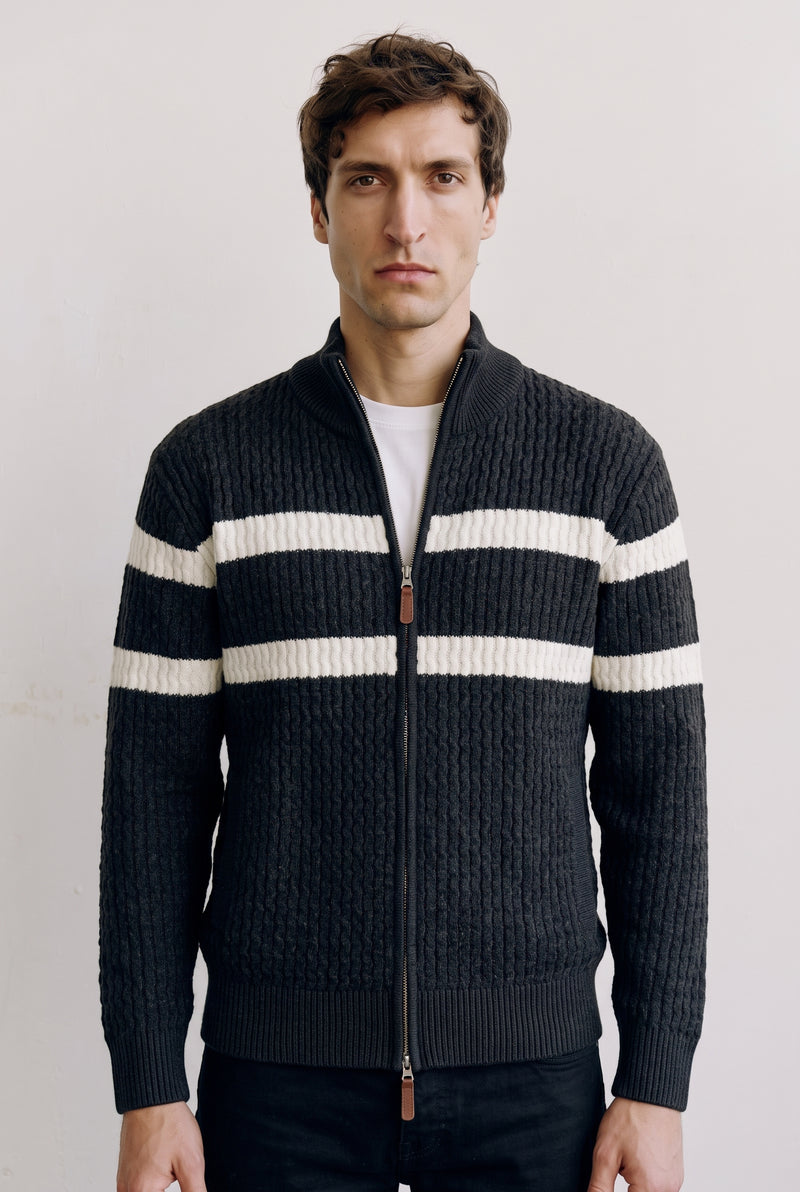 Cable Knit Zip-Front Cardigan in Charcoal — studio front