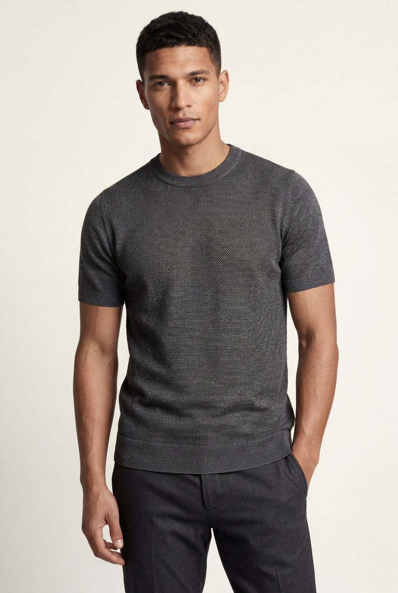 Charcoal Gray Men's Slim Fit Knitted Short Sleeve T-Shirt - Slim fit t-shirts - Photo 1