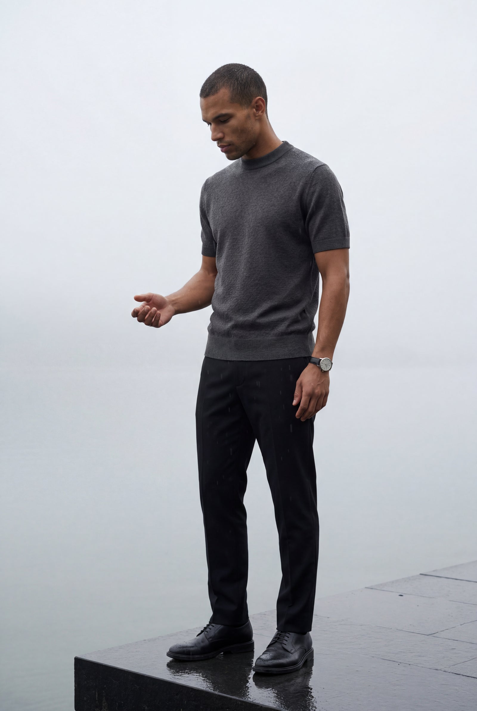 Black Men's Slim Fit Knitted Short Sleeve T-Shirt - Slim fit t-shirts - Photo 15