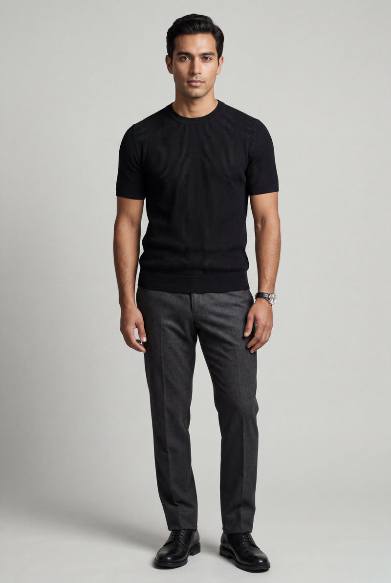 Black Men's Slim Fit Knitted Short Sleeve T-Shirt - Slim fit t-shirts - Photo 2