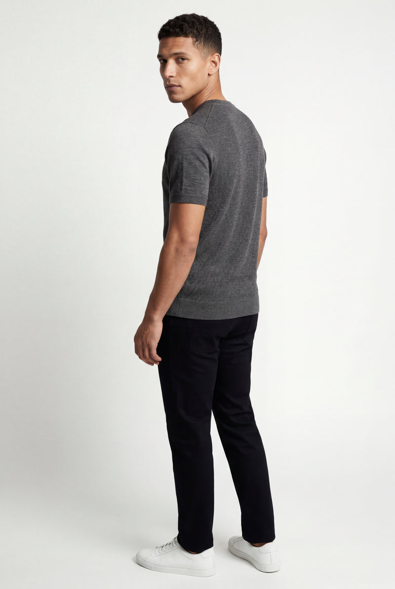 Charcoal Gray Men's Slim Fit Knitted Short Sleeve T-Shirt - Slim fit t-shirts - Photo 3