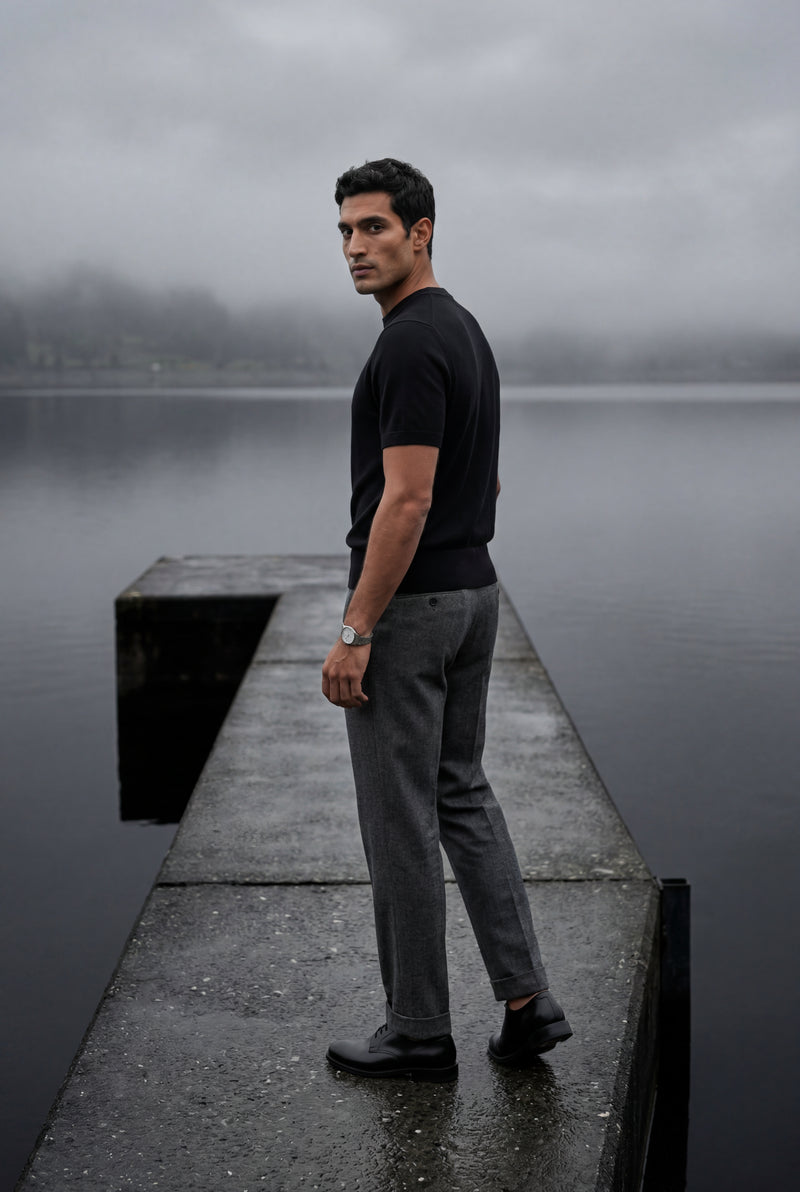 Black Men's Slim Fit Knitted Short Sleeve T-Shirt - Slim fit t-shirts - Photo 4