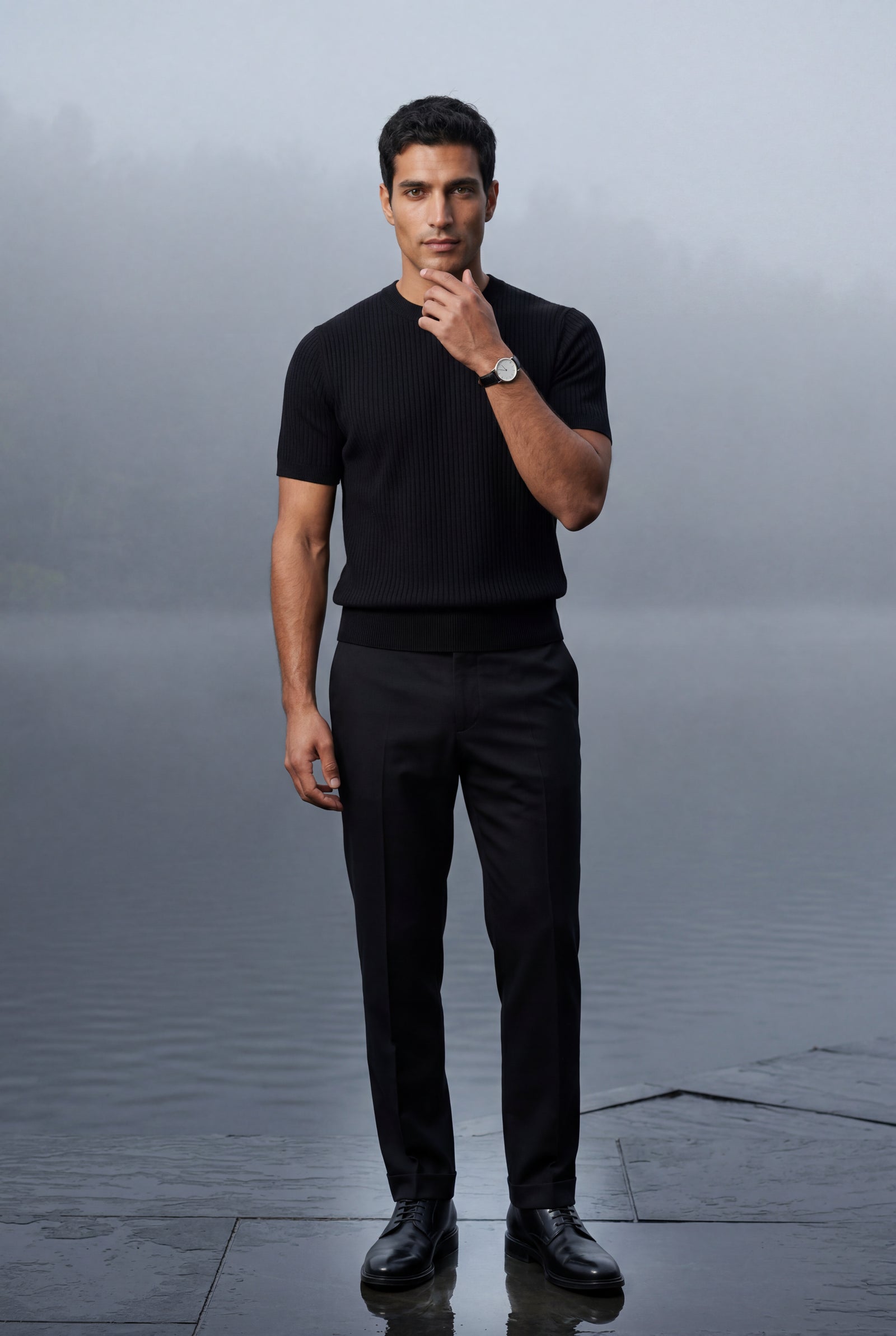 Black Men's Slim Fit Knitted Short Sleeve T-Shirt - Slim fit t-shirts - Photo 7
