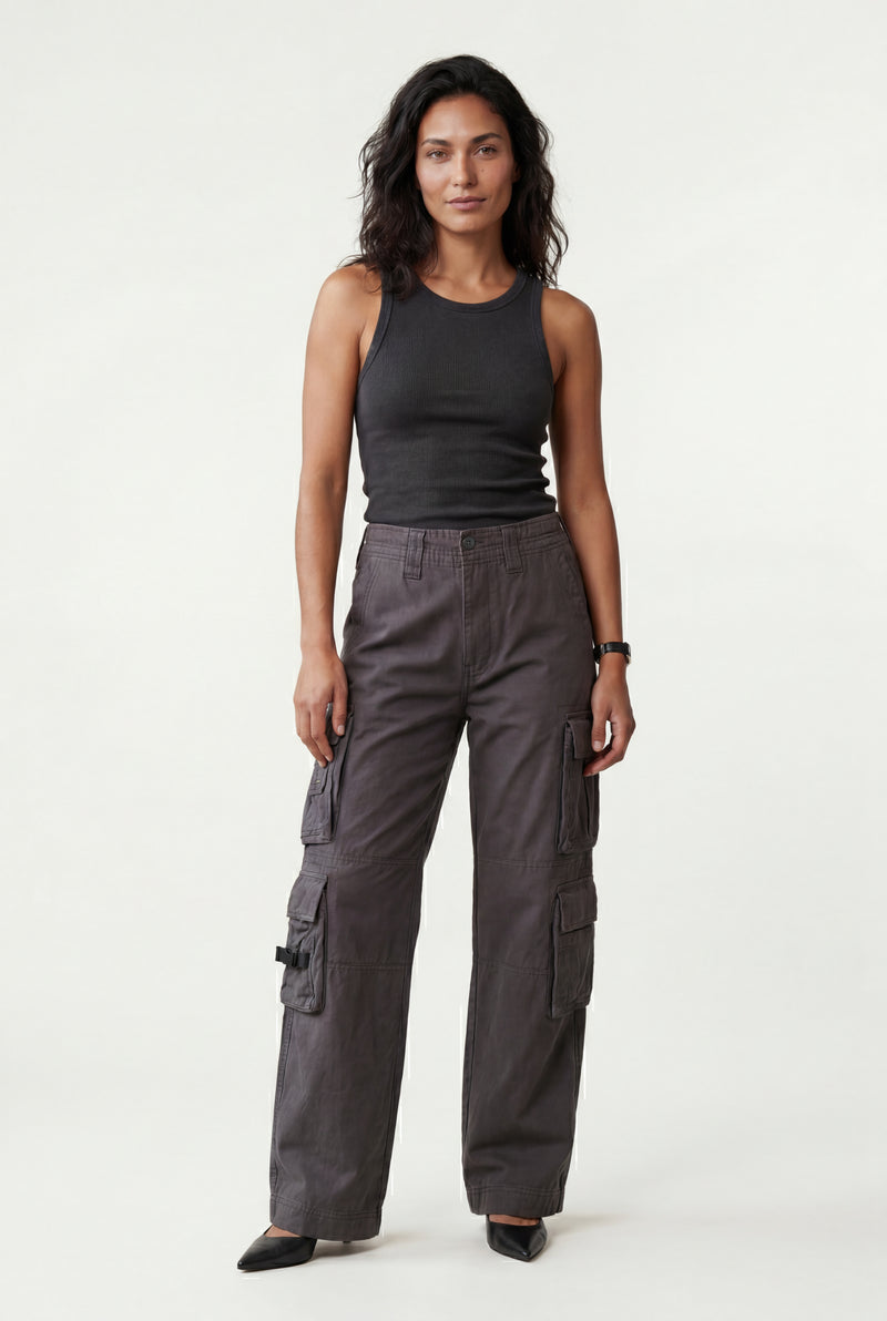 Charcoal Washed Charcoal Straight-leg Cargo Trousers with Buckle Pockets - Photo 1