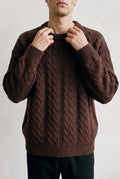 Cable-Knit Crewneck Sweater in Chestnut Brown — studio front