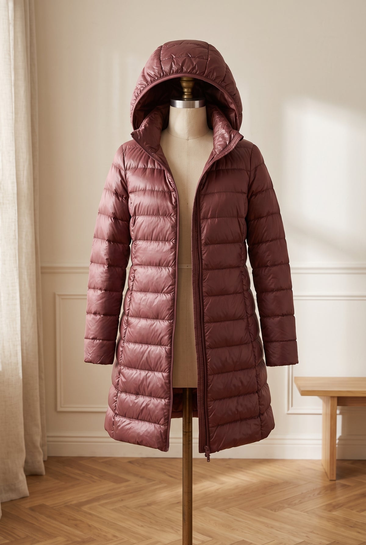 Glossy Hooded Puffer Coat in Chestnut Brown — studio front