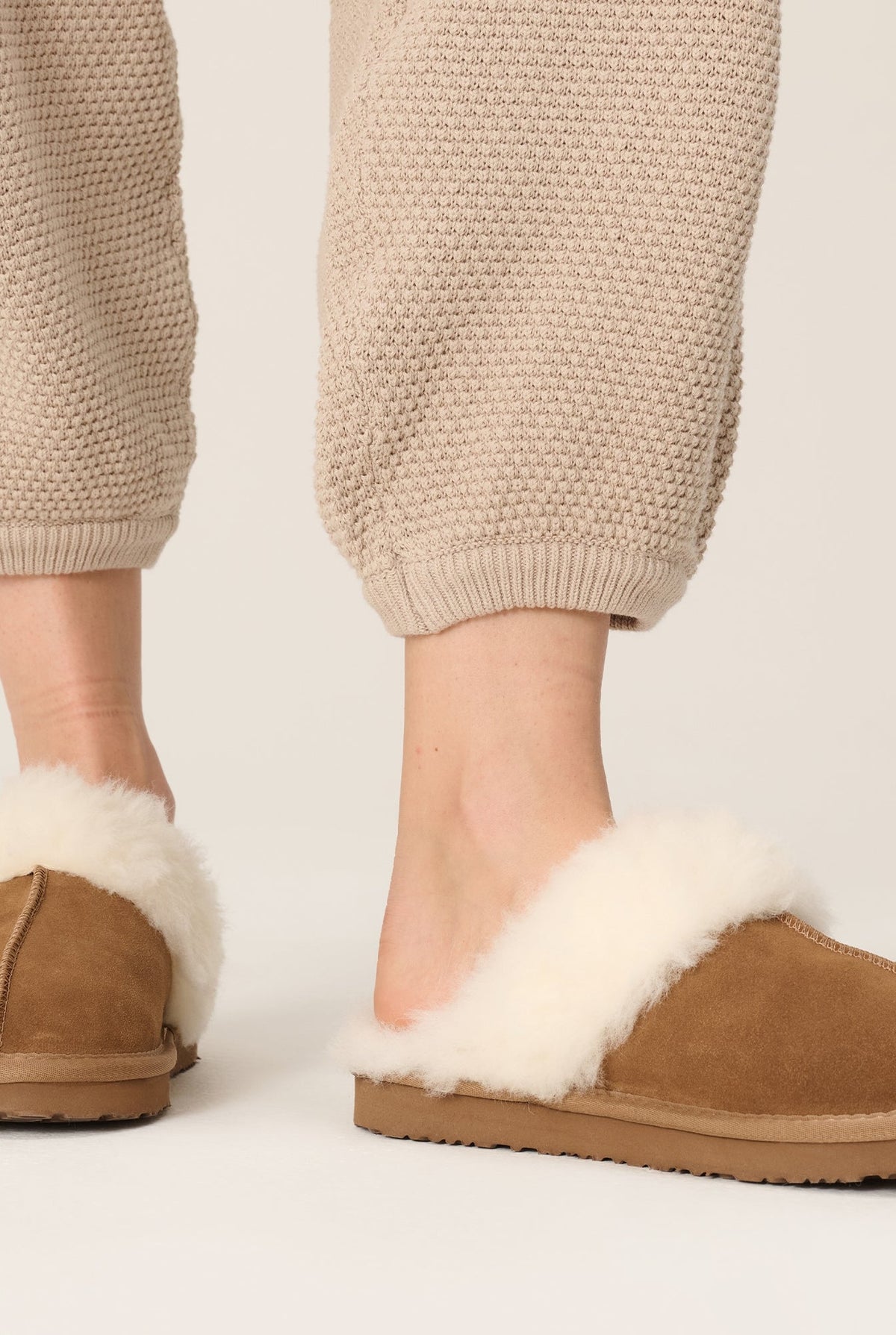 Shearling Open-Back Slippers in Chestnut Brown — detail