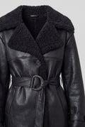 Teddy-Trim Belted Coat in Black — detail