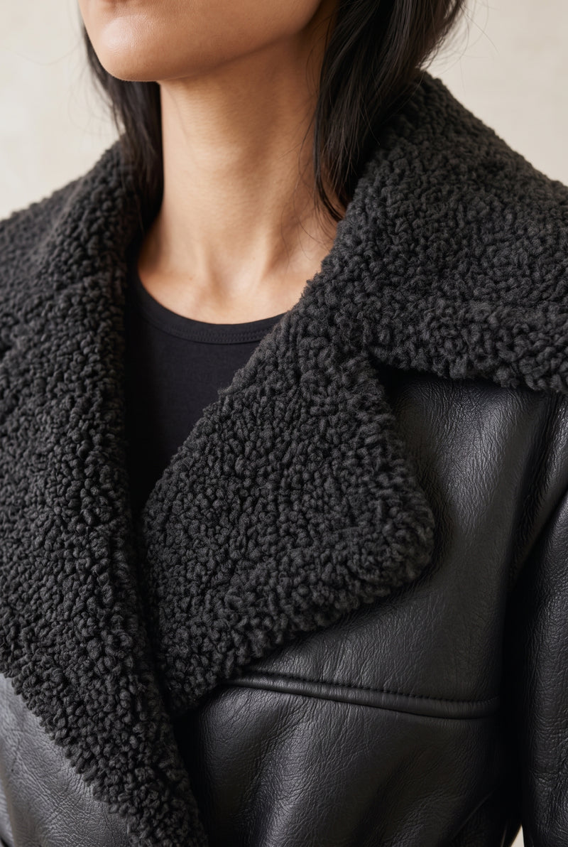 Teddy-Trim Belted Coat in Black — studio detail