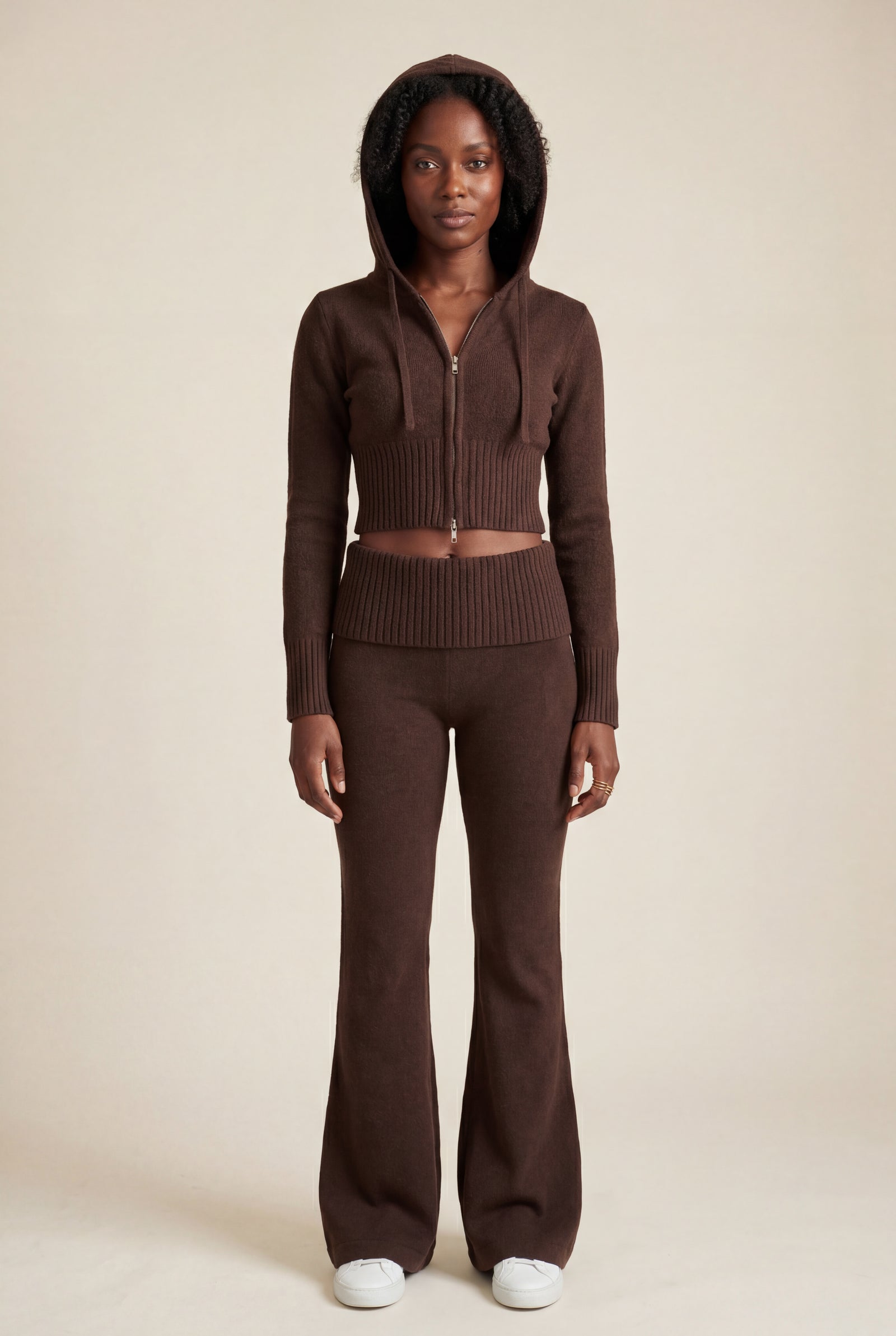 Coffee Ribbed Cropped Hoodie and Flared Pants Lounge Set - Cardigan and pants - Photo 7