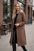 Tailored Long Overcoat in Coffee — studio front