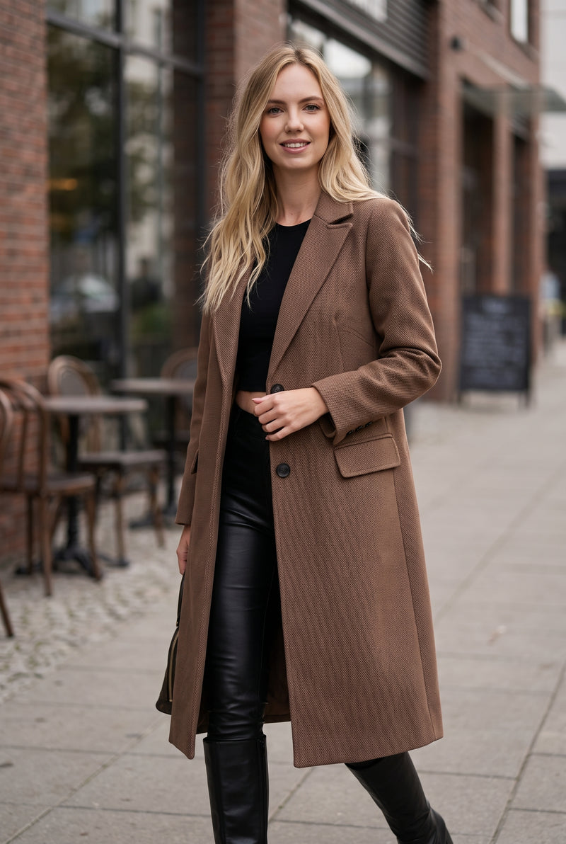Tailored Long Overcoat in Coffee — studio front