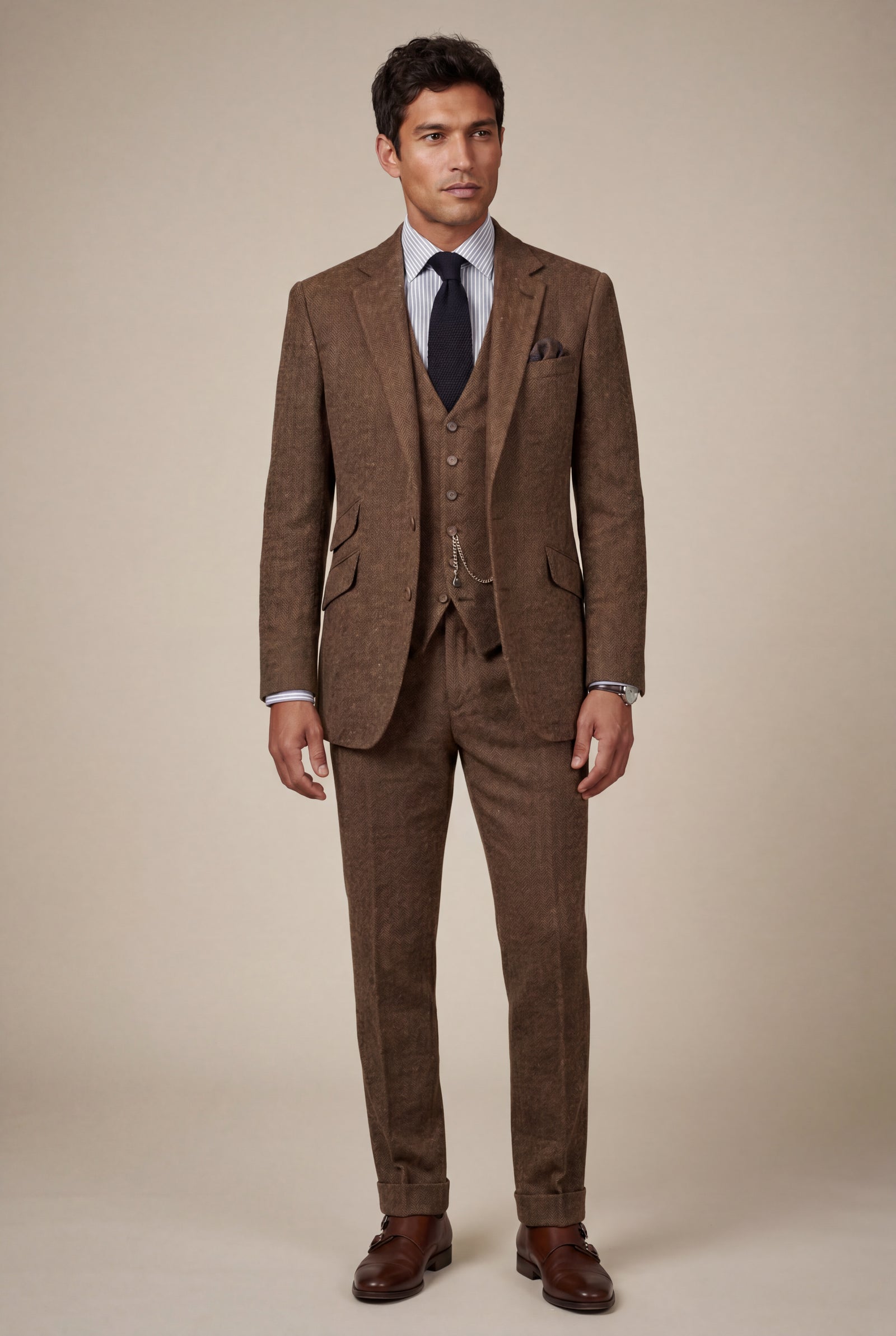 Coffee Textured Three-piece Suit with Notched Lapels - Photo 20