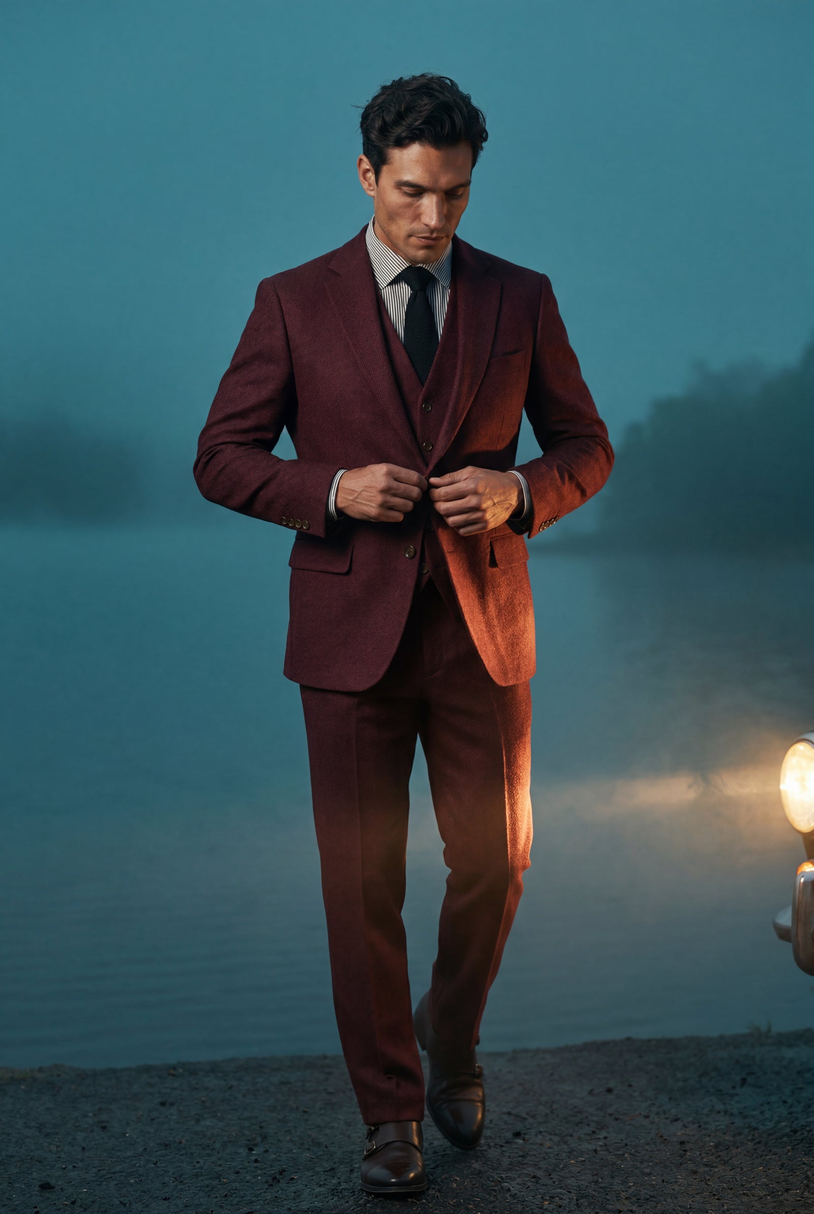 Burgundy Textured Three-piece Suit with Notched Lapels - Photo 26