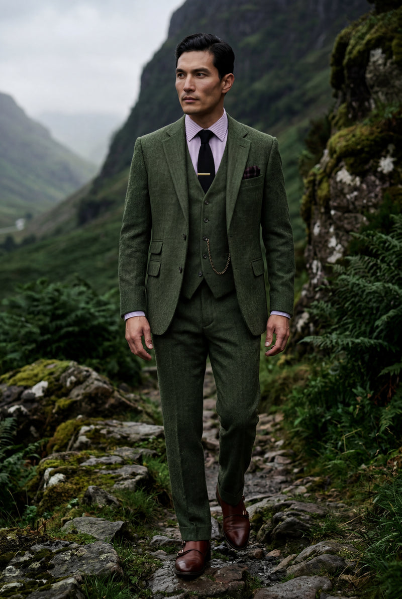Dark Green Textured Three-piece Suit with Notched Lapels - Photo 3