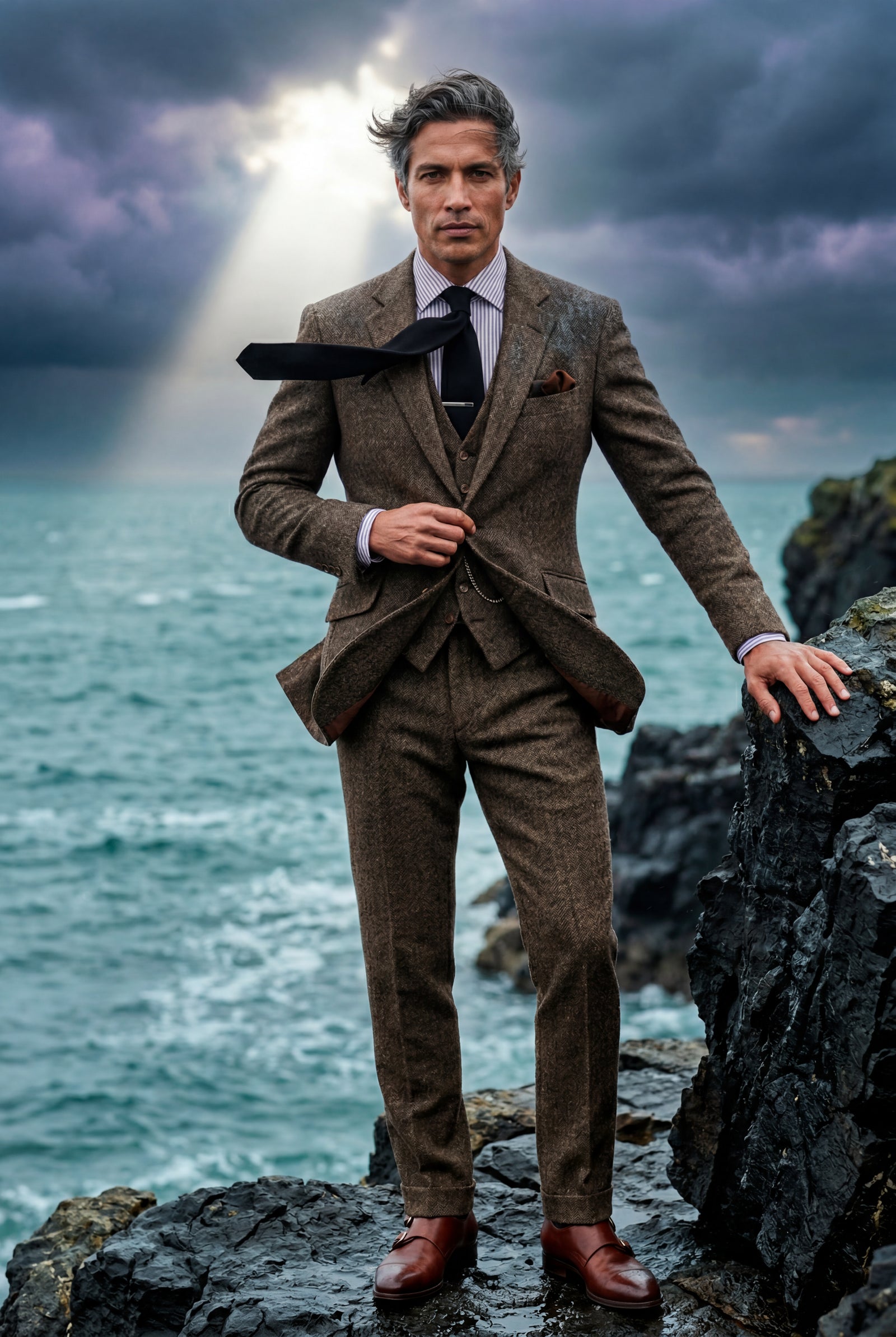 Brown Textured Three-piece Suit with Notched Lapels - Photo 8