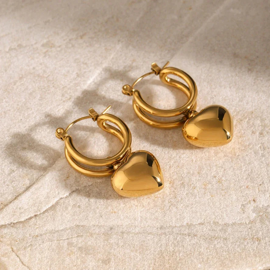 Color Gold Dual-band Hoop Earrings with Dangling Heart Charm - Photo 6