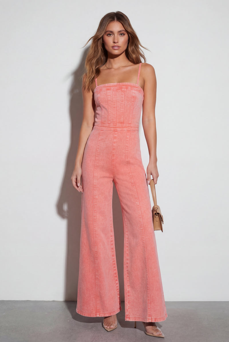 Coral Acid Wash Corset Wide-leg Jumpsuit with Raw Hem - Denim jumpsuit - Photo 2