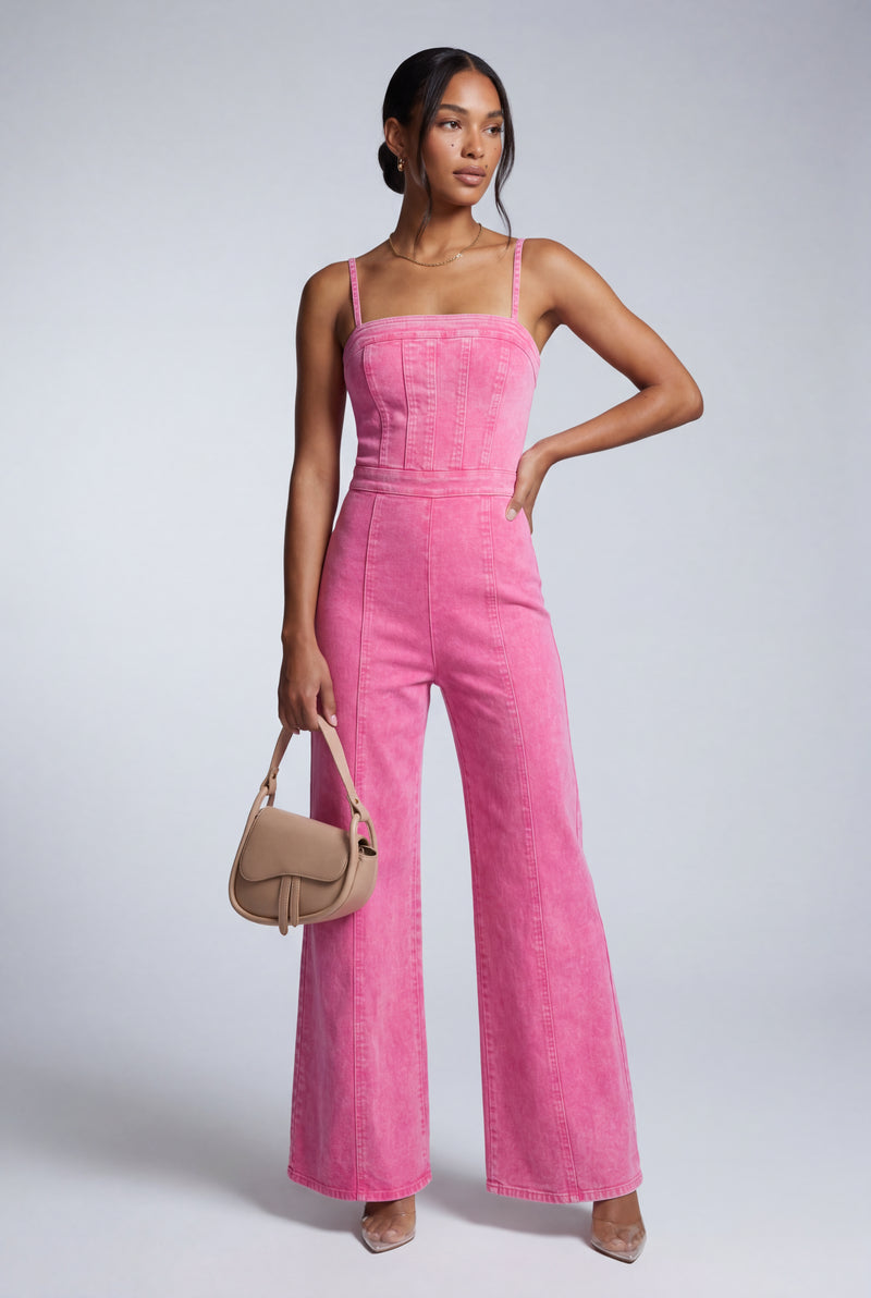 Pink Acid Wash Corset Wide-leg Jumpsuit with Raw Hem - Denim jumpsuit - Photo 4
