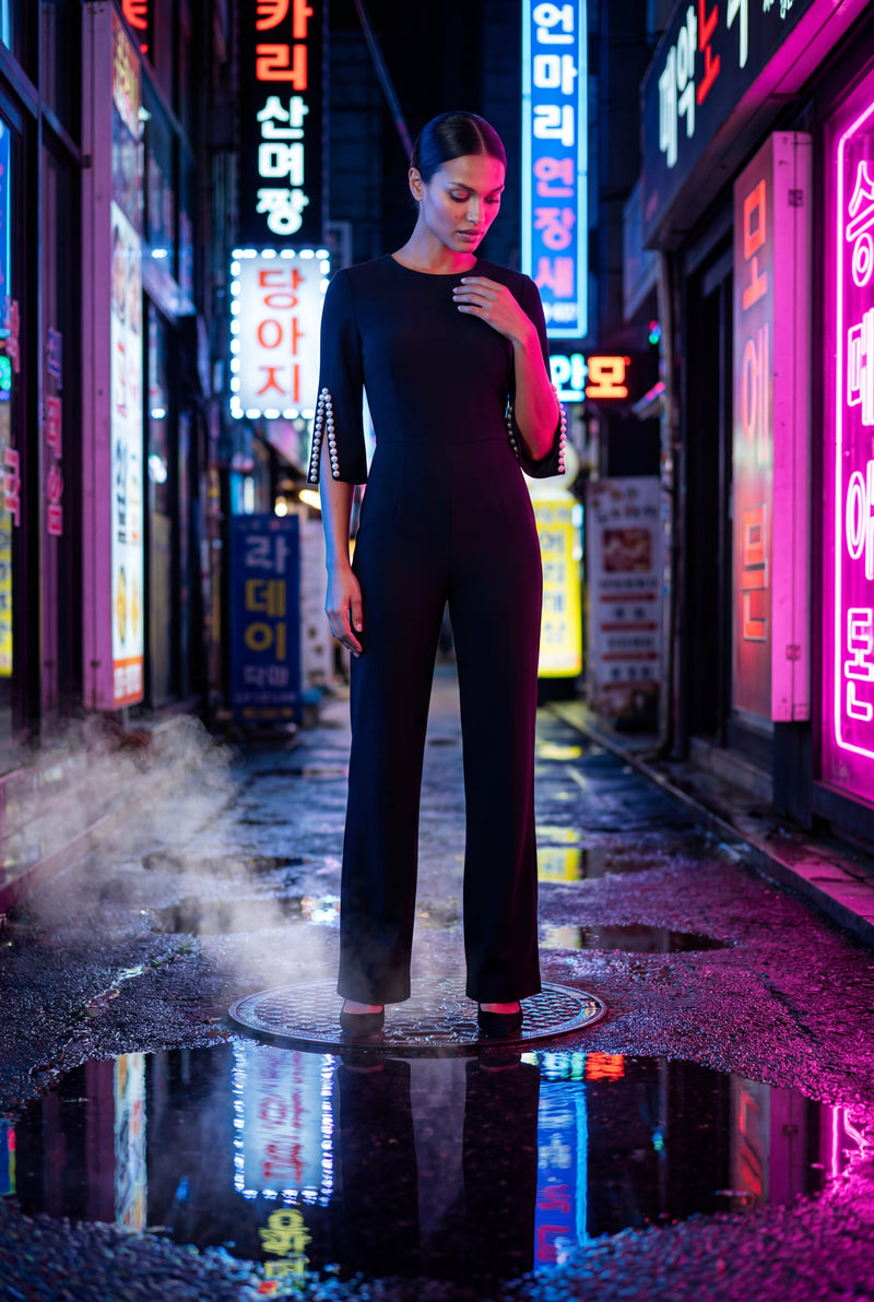 Black Beaded Sleeve Slim Fit Wide Leg Jumpsuit - Slim fit jumpsuit - Photo 4