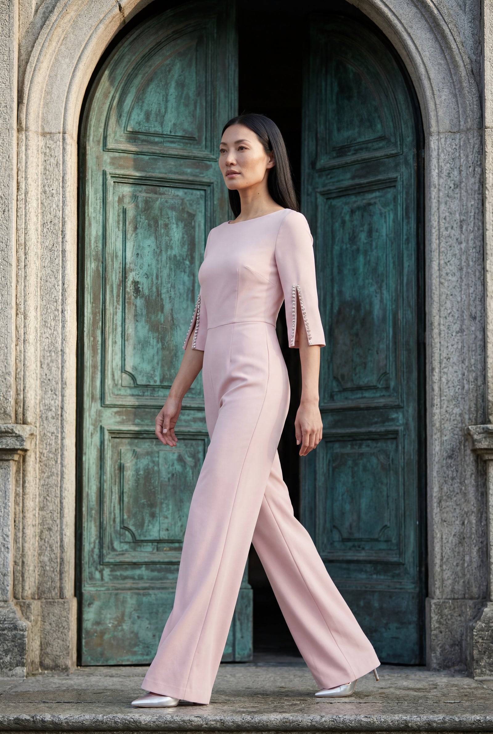 Baby Pink Beaded Sleeve Slim Fit Wide Leg Jumpsuit - Slim fit jumpsuit - Photo 5