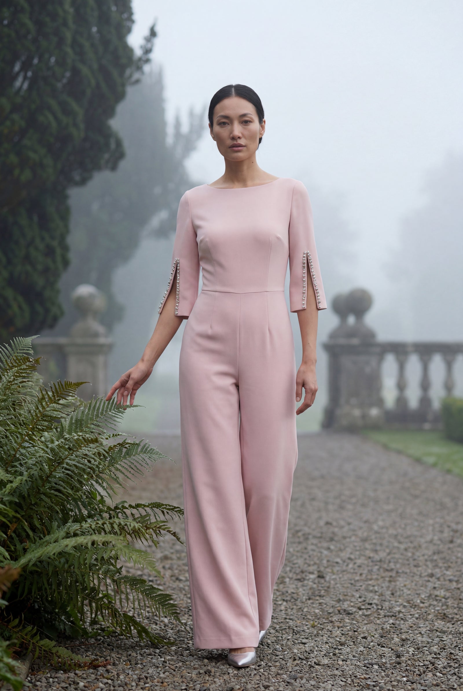 Baby Pink Beaded Sleeve Slim Fit Wide Leg Jumpsuit - Slim fit jumpsuit - Photo 6