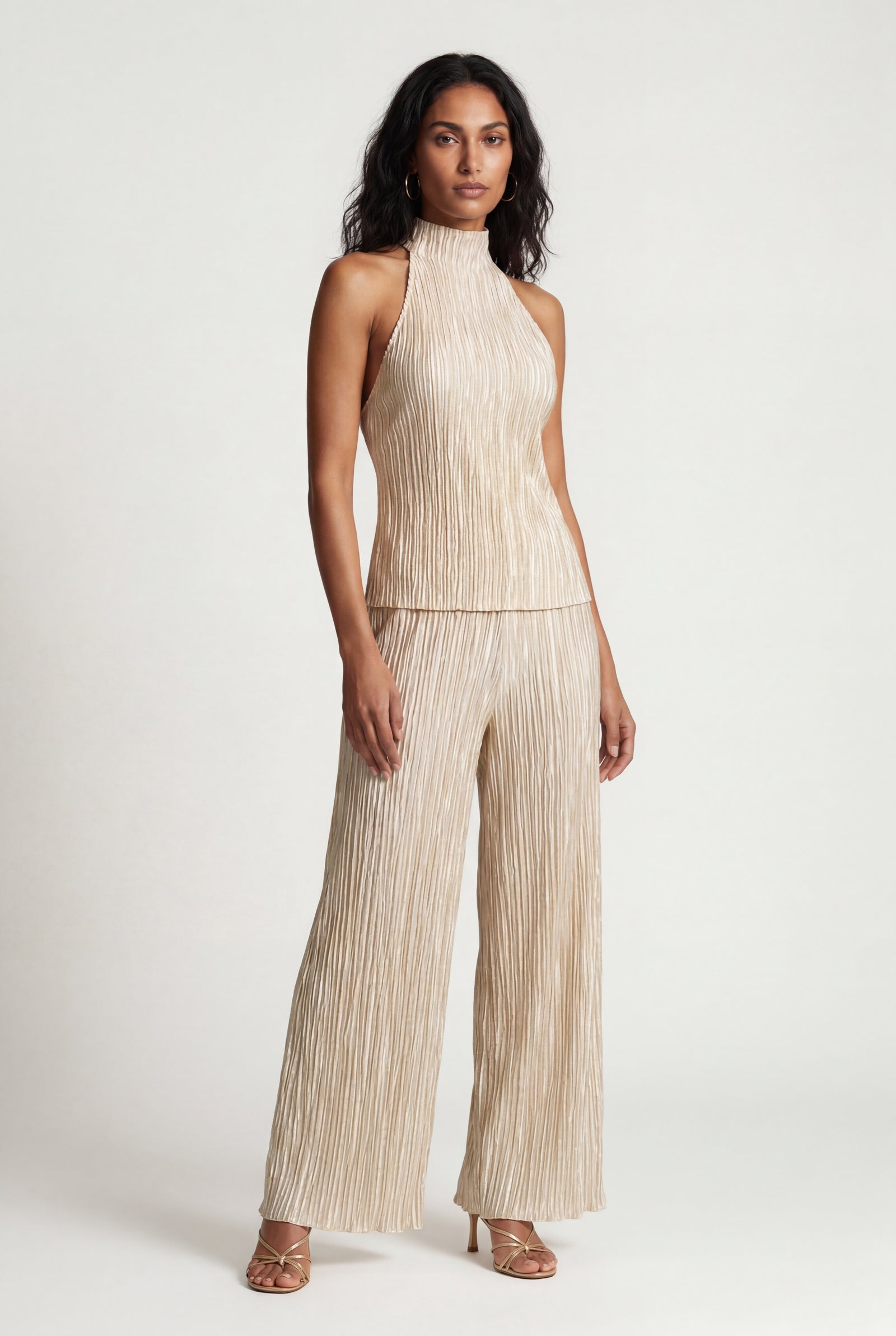 Cream Champagne Metallic Pleated Wide Leg Pants Set Halter Top - Wide leg set - Photo 1