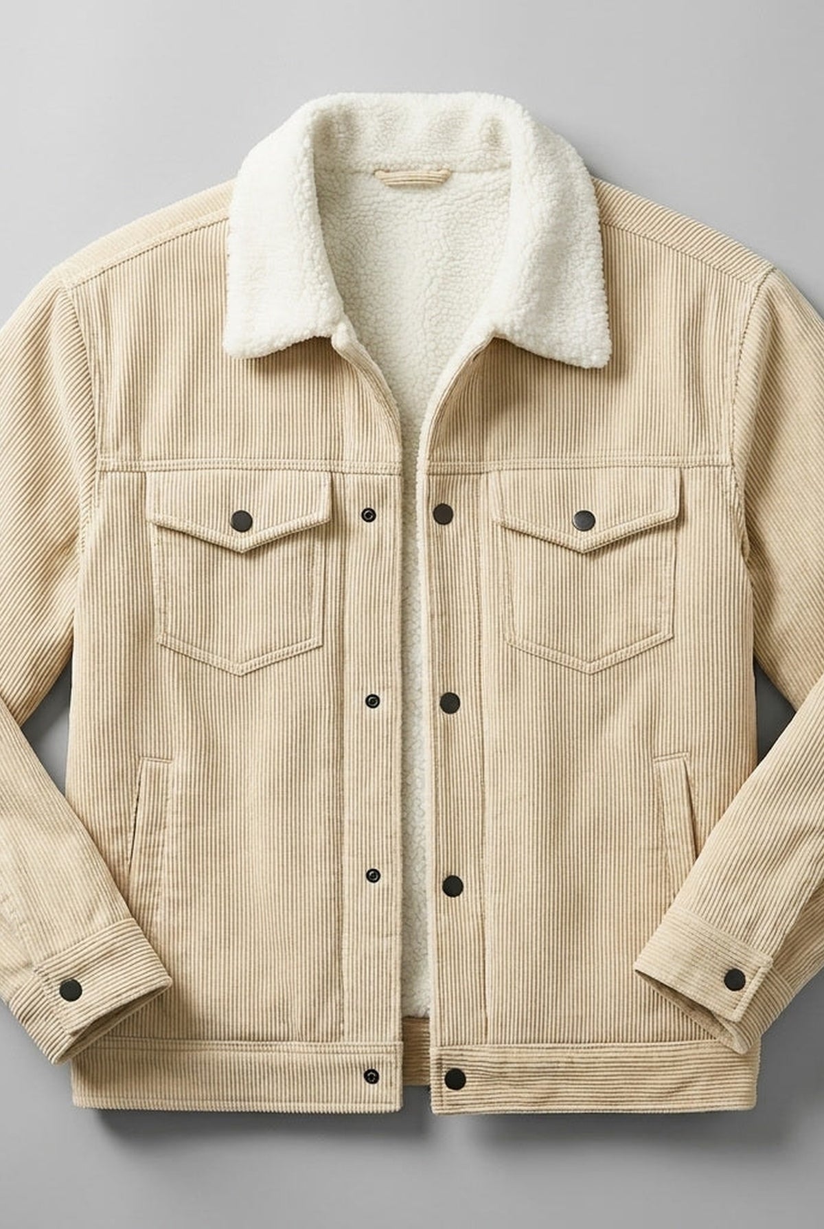 Corduroy Sherpa-Lined Trucker Jacket in Cream — front view