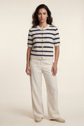 Cream Cream Navy Striped Textured Short Sleeve Cardigan - Photo 1