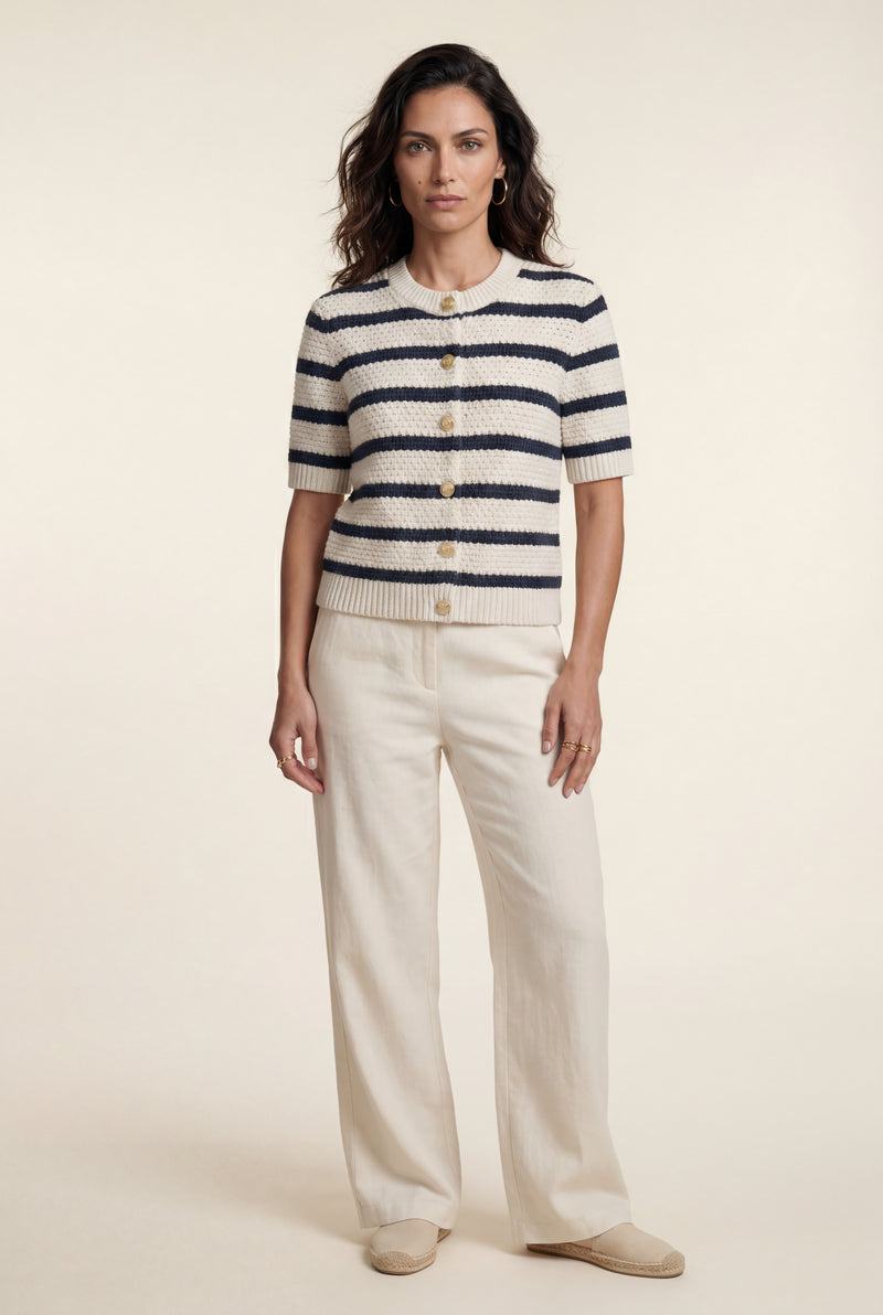 Cream Cream Navy Striped Textured Short Sleeve Cardigan - Photo 1