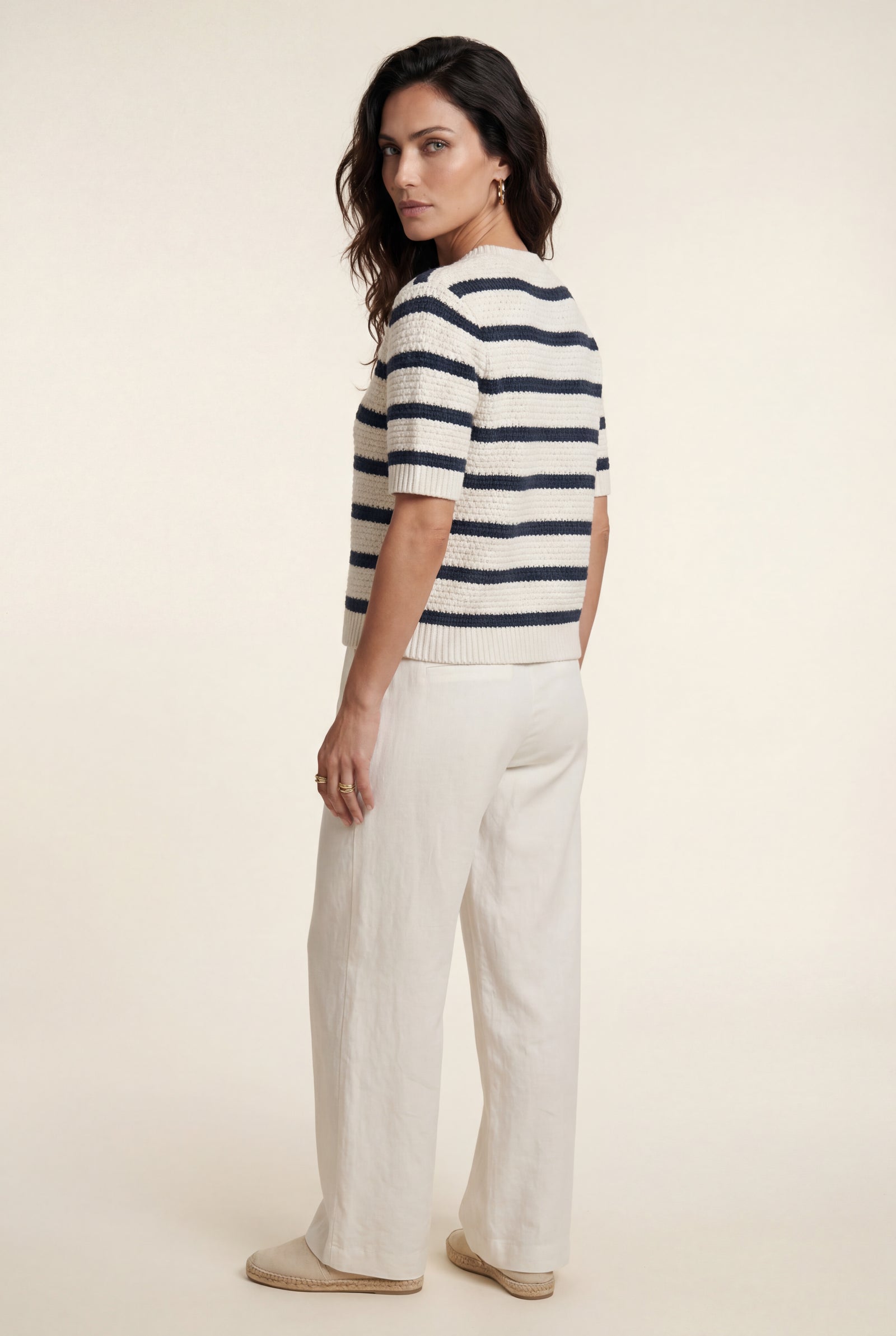 Cream Cream Navy Striped Textured Short Sleeve Cardigan - Photo 2