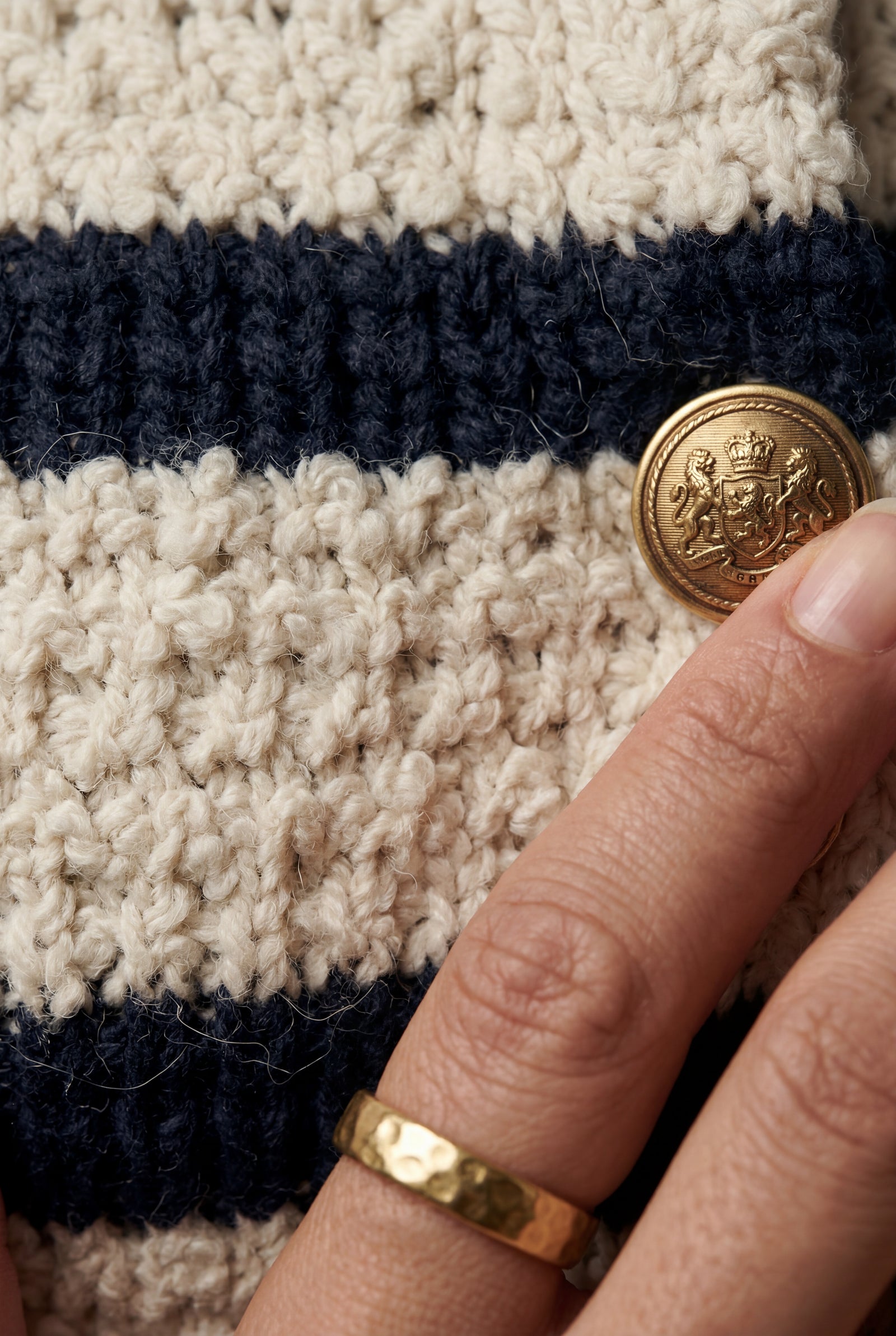 Cream Cream Navy Striped Textured Short Sleeve Cardigan - Photo 3
