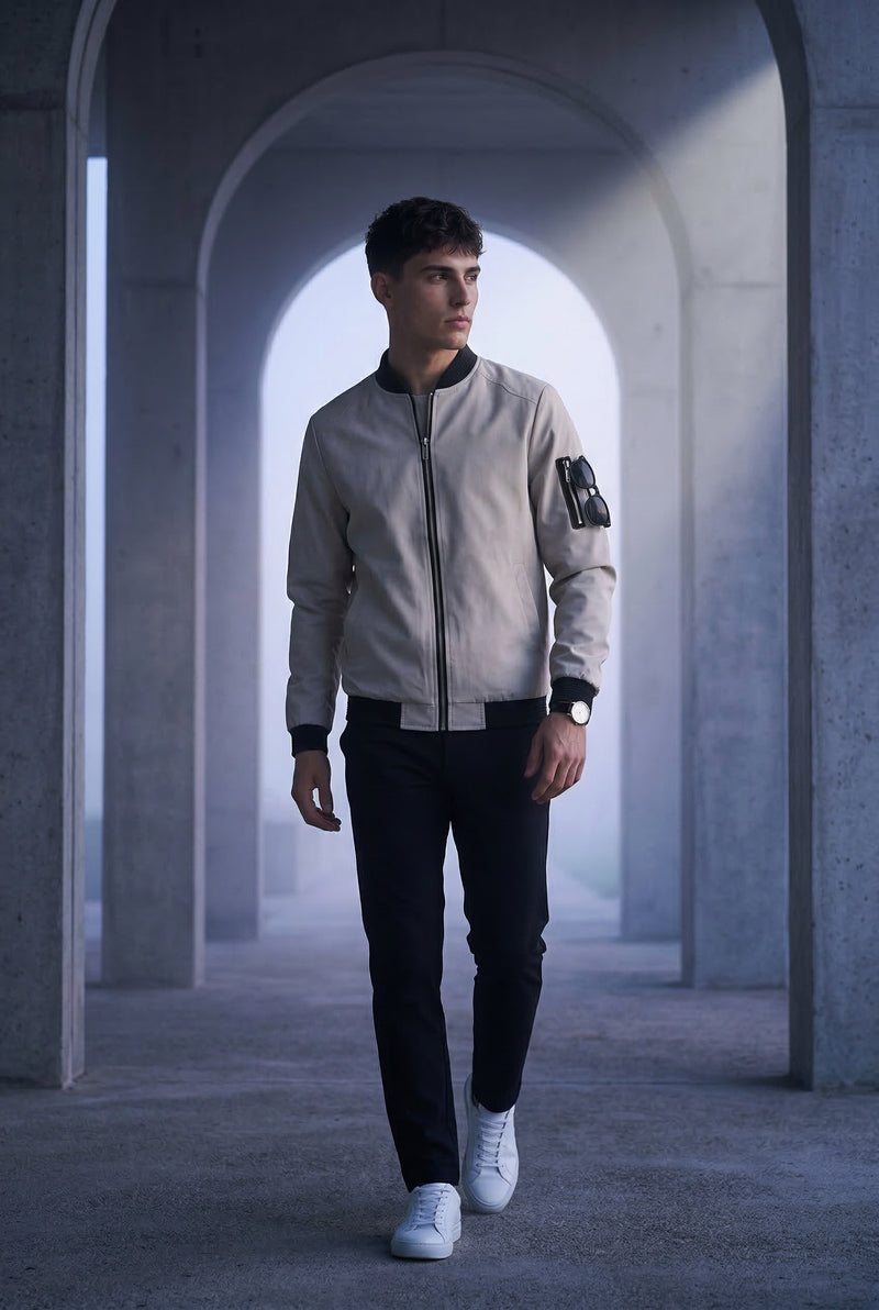 Cream Cream Slim-fit Zip-front Bomber Jacket with Ribbed Trim - Bomber jackets - Photo 2