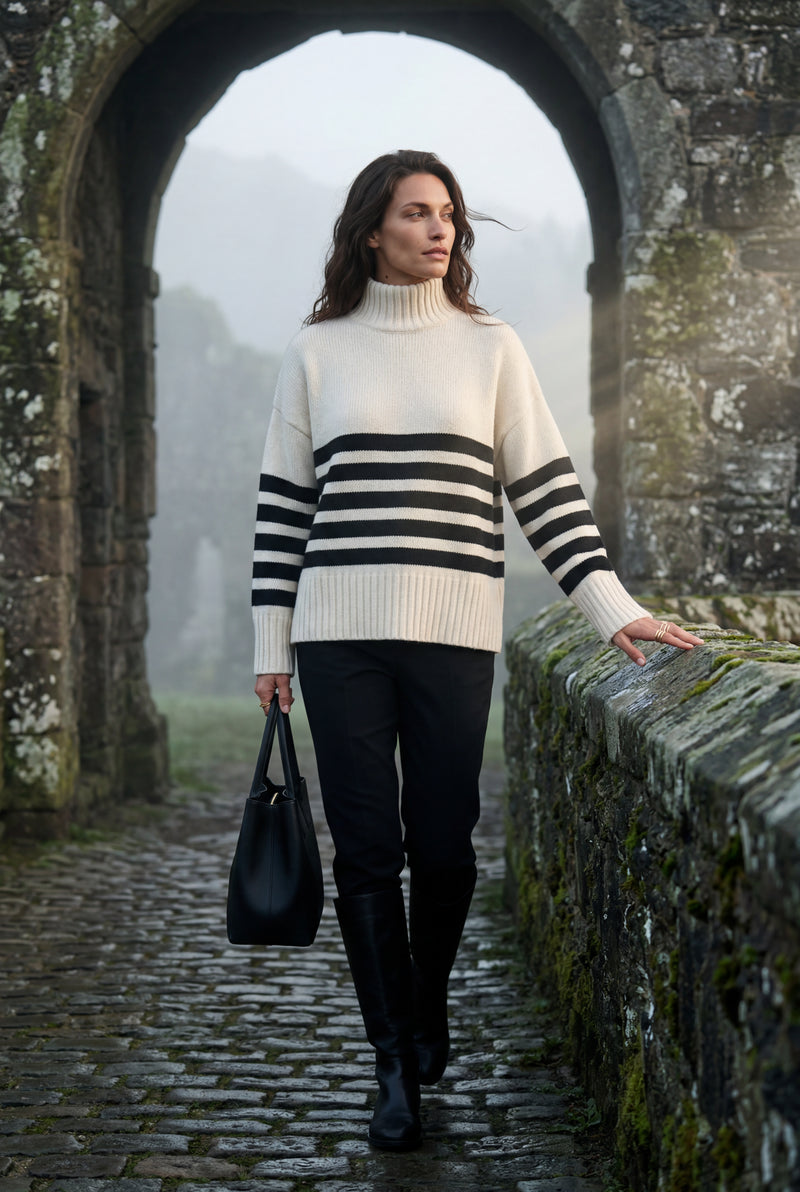 Cream Cream Striped Oversized Turtleneck Sweater - Oversized sweater - Photo 3