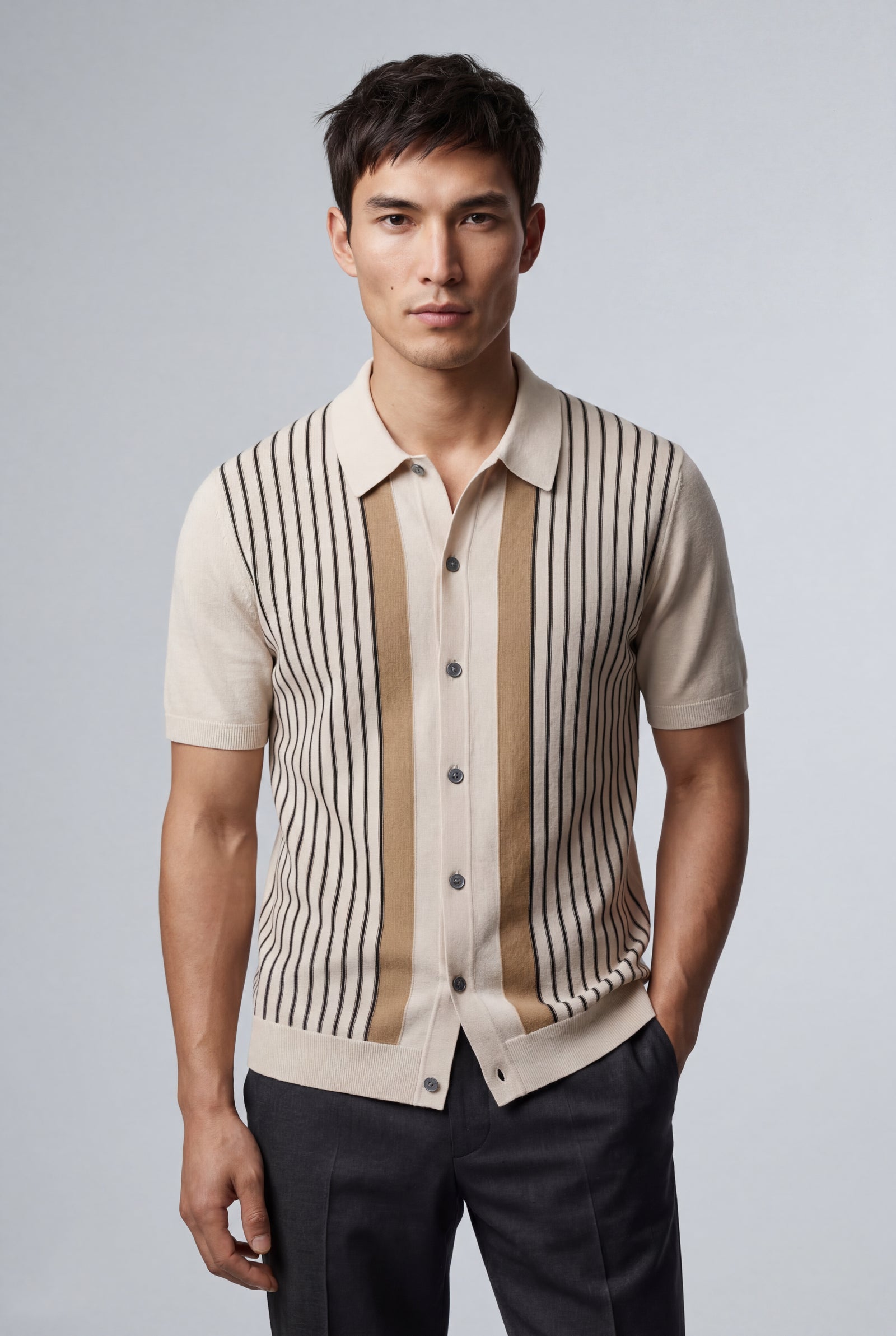 Cream Cream Vertical Stripe Button-front Polo Shirt - Polo shirts - Photo 1