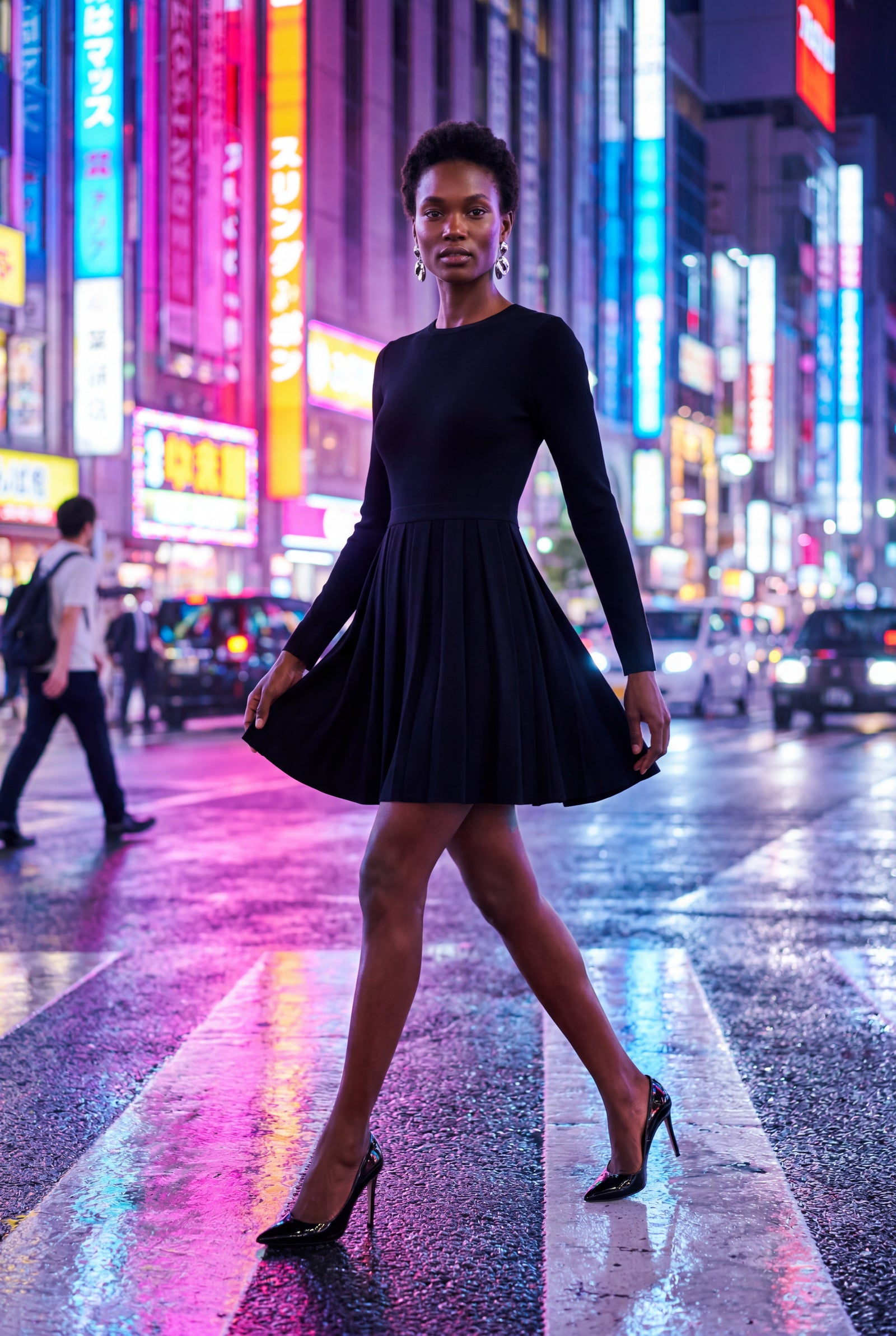 Black Crew Neck Long Sleeve Fit and Flare Mini Dress - Photo 6