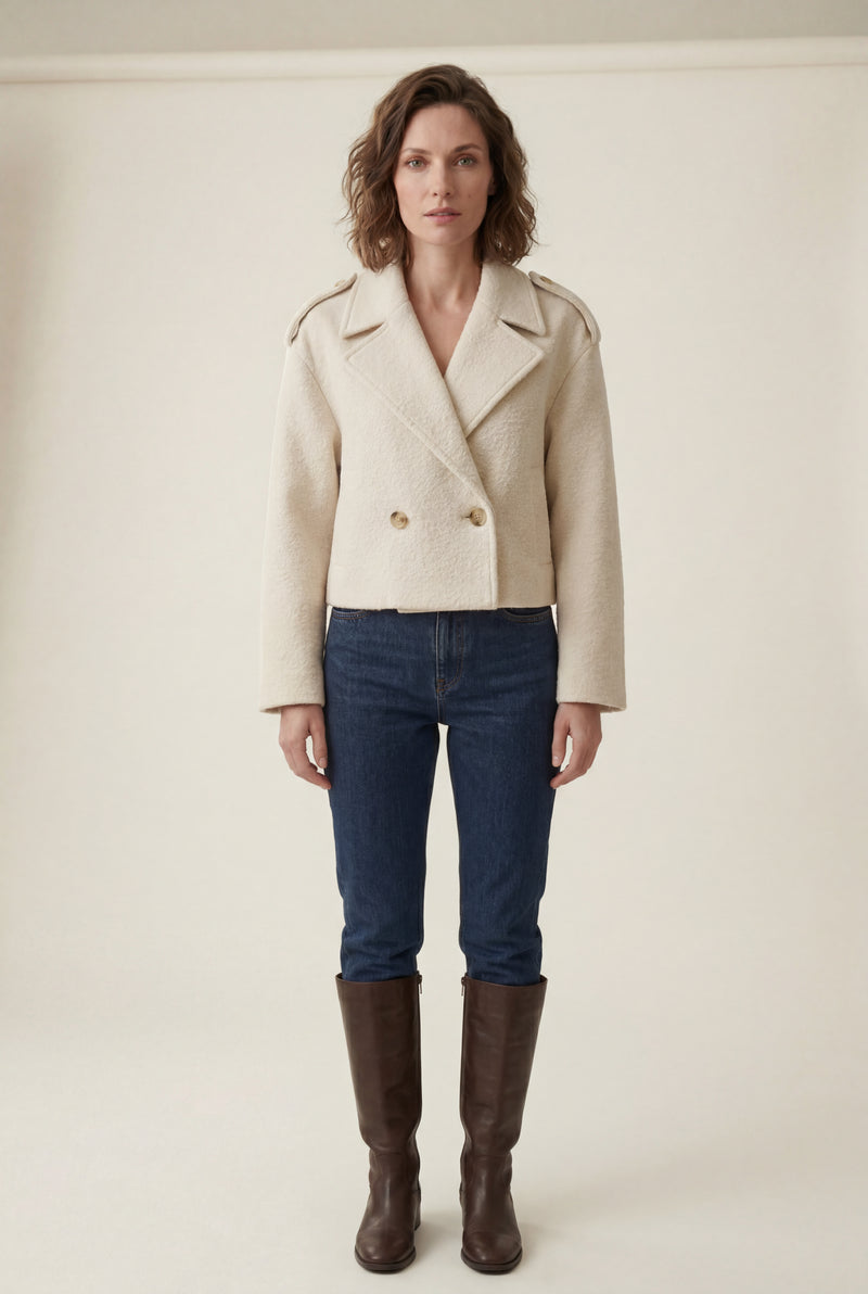 Cream Cropped Double-breasted Boxy Coat with Notched Lapel - Short coat - Photo 4