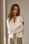Cropped Waffle Zip-Up Hoodie in Cream — front view