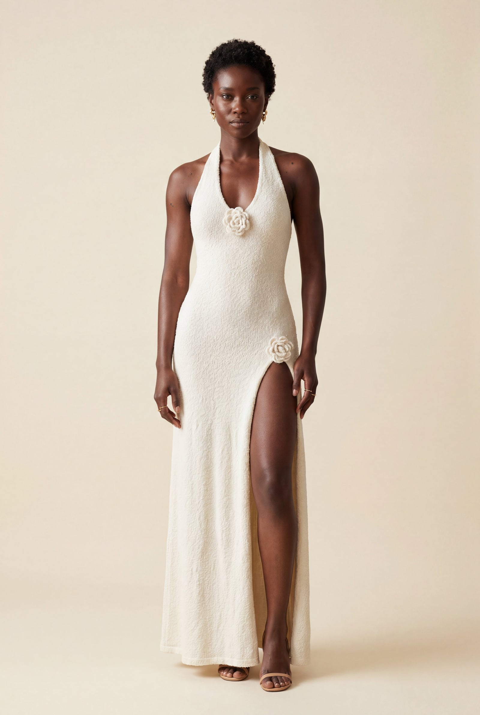 Cream Floral Appliqué Halter Neck Bodycon Maxi Dress - Photo 2
