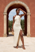 Cream Floral Appliqué Halter Neck Bodycon Maxi Dress - Photo 8