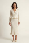Cream Ribbed Peplum Cardigan and Fluted Midi Skirt Set - Knit set - Photo 9